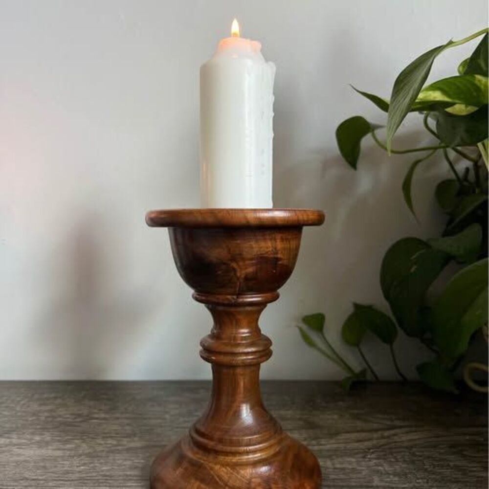 Vintage MCM Dark Brown Wood Candle Holder